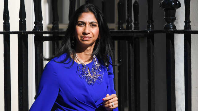 Suella Braverman, UK home secretary, arrives for a weekly meeting of cabinet ministers at 10 Downing Street in London, UK, on Tuesday, April 25, 2023. UK Prime Minister Rishi Sunak wants to leverage the UK's improved relationship with the European Union into a deal to make it easier for Britons to travel to the bloc, people familiar with the matter said, after recent high-profile border delays undermined the government's narrative about the benefits of Brexit. Photographer: Chris J. Ratcliffe/Bloomberg via Getty Images